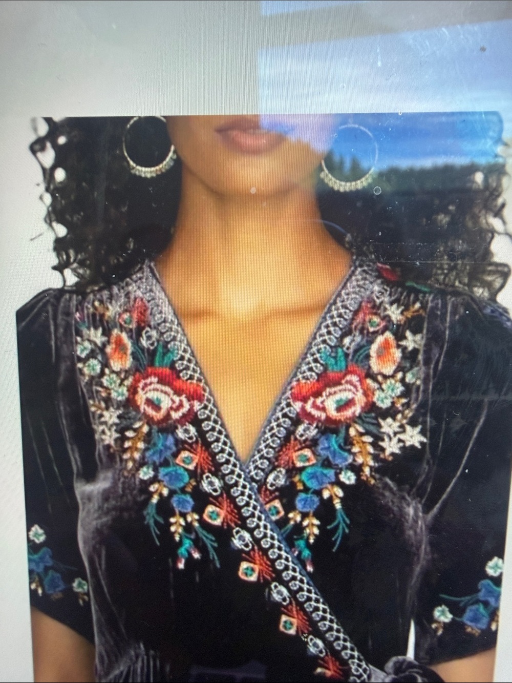 Johnny Was Black Velvet Midi Dress with Multicolor Floral Embroidery M